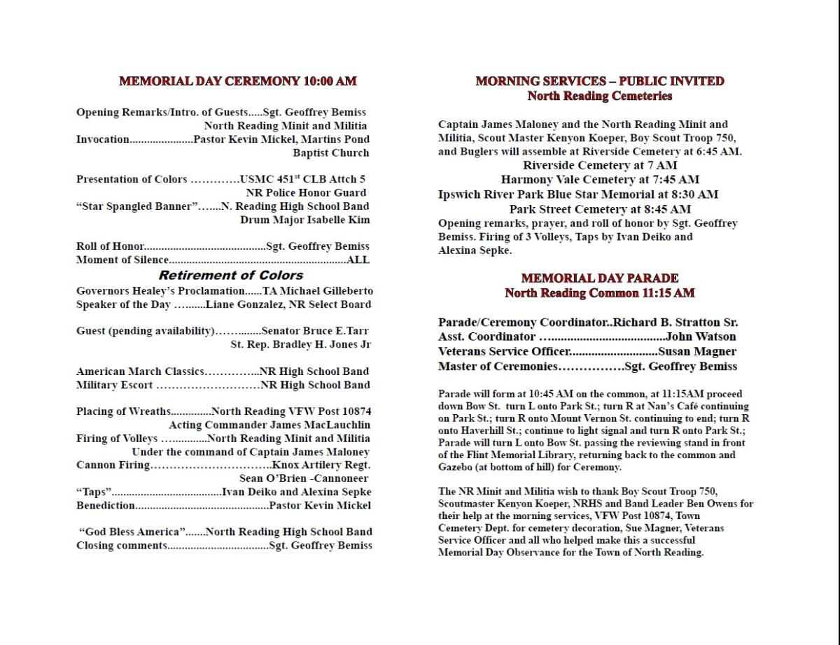 NORTH READING MEMORIAL DAY SERVICES AND PARADE PROGRAM